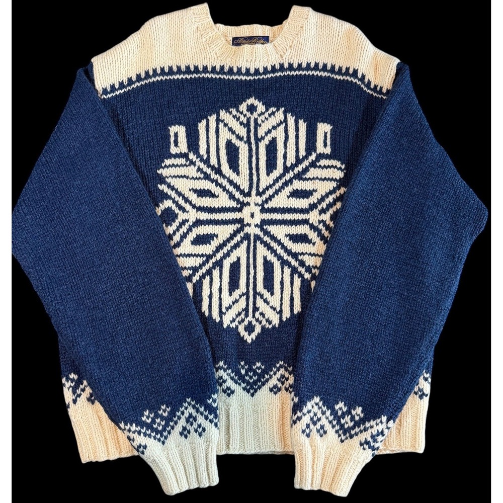 Vintage Brooks Brothers Men's Large Blue Hand Knit 100% Wool Snowflake Sweater